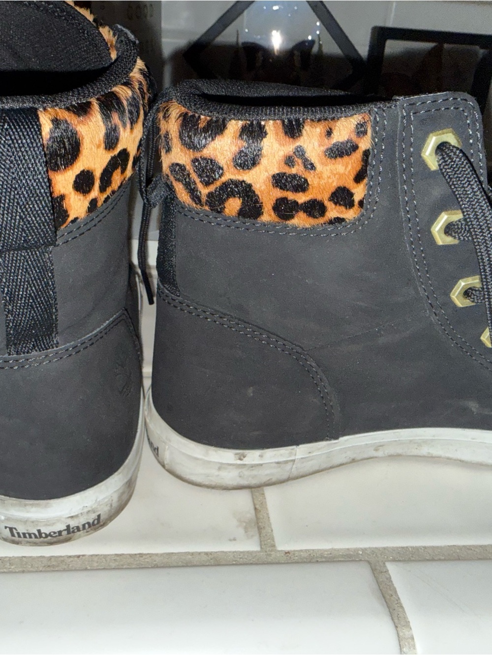 Timberland Black Boots with Leopard-Print Collar